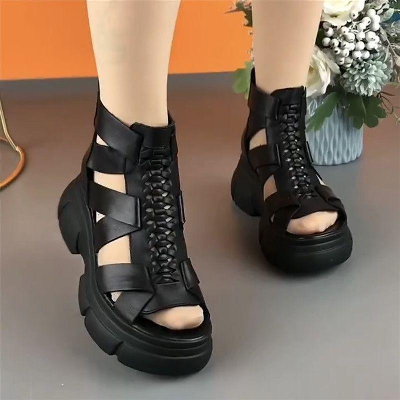 Summer 2025 New Style Women's Thick-soled Anti-slip Hollowed-out Ankle Boots Roman Shoes Open-toe High-top Women's Sandals