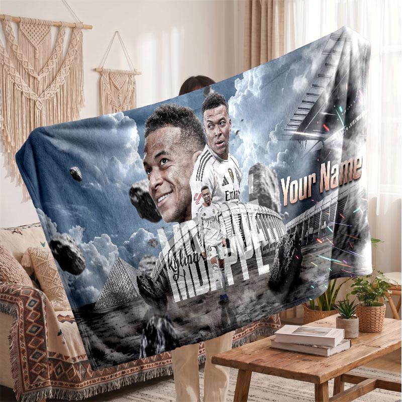 Coperta Personalizzata in Pile Kylian Mbappe con Logo Calcio, Testo Nome Personalizzato Morbida Calda Coperta da Divano per la Casa