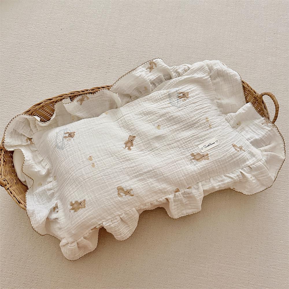 Small Floral Ruffle Lace Double Layer Cotton Gauze Pillowcase for Kindergarten