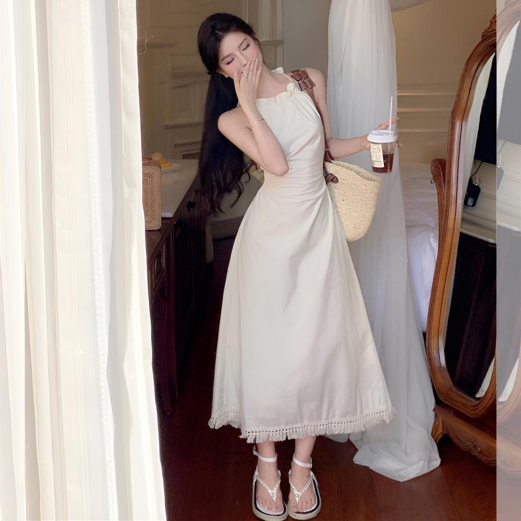 Design sense French niche hollow sleeveless neck sling dress backless strap gentle wind temperament long skirt