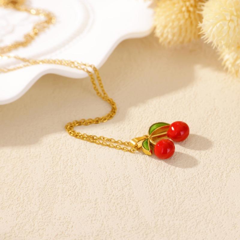 Drip oil slightly inlaid red cherry light luxury necklace women's fashion versatile high sense does not fade collarbone chain