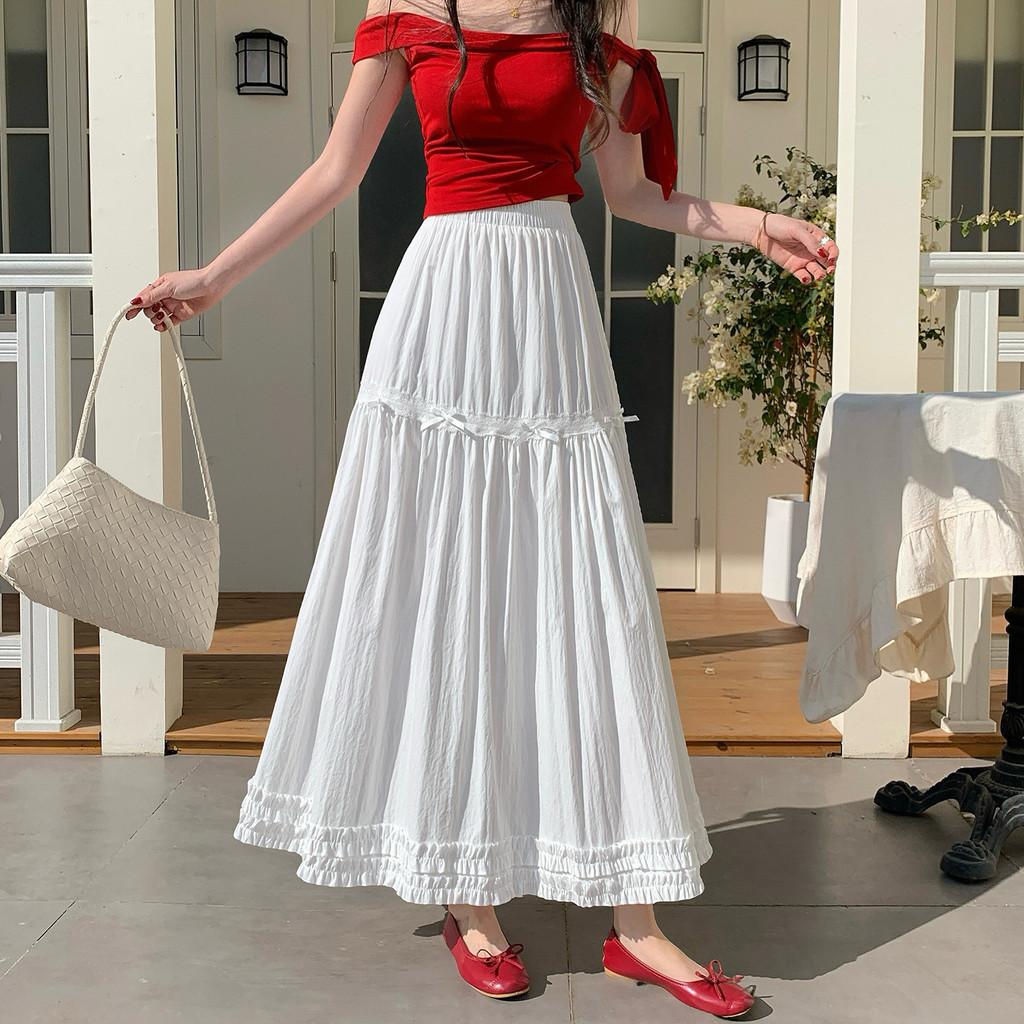 Qooth White Tiered Ruffle Skirt Bow Detail A-Line Midi Slimming QT2865