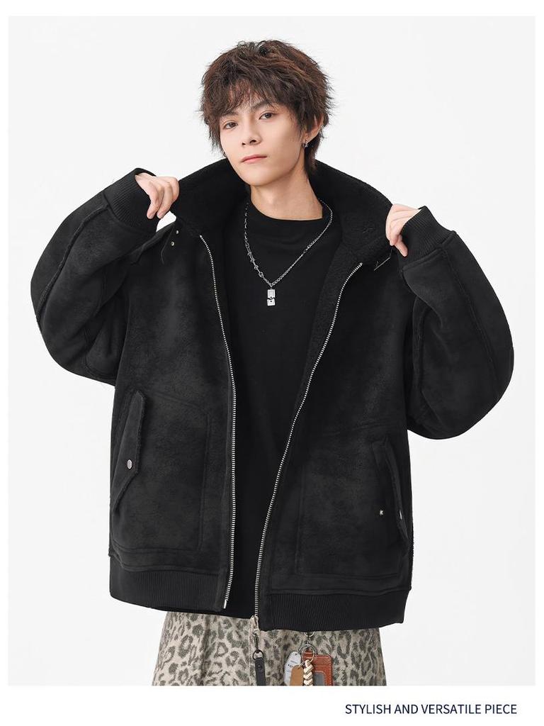 Mu Yuan Men's 2025 Winter Shearling Cotton Stand Collar Vintage Streetwear Jacket