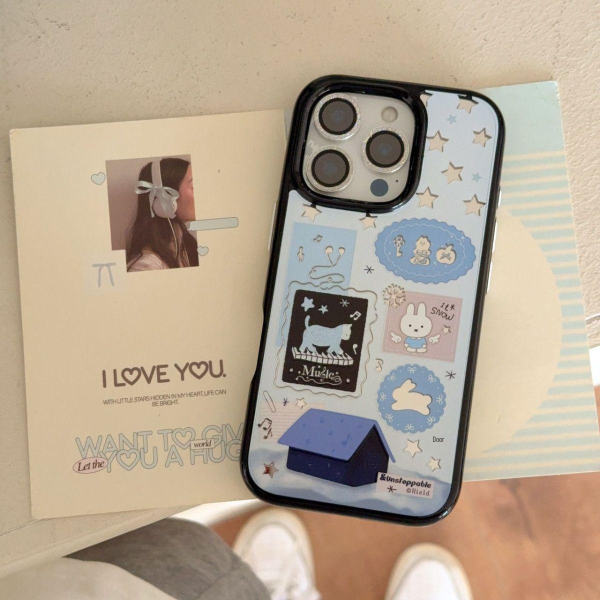 

Starry Cabin Miffy Rabbit Cartoon Case for Apple 13/14/16Pro, 17Pro Black Border, Korean Style 14 Pro Max
