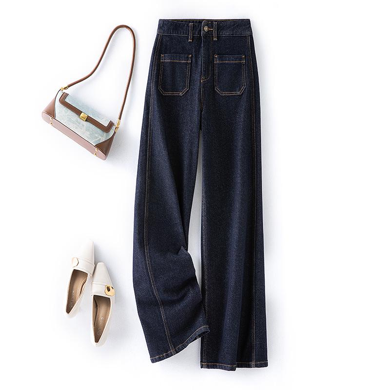 

Женские дизайнерские джинсы: 2025 Ранняя весна, темно-синий, ретро, высокая талия, свободный прямой крой, эластичный, удобный, облегающий. 30/XXL темно-синий