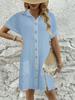 In-Stock European & American Summer Solid Color Casual Lapel Button Shirt Dress for Women