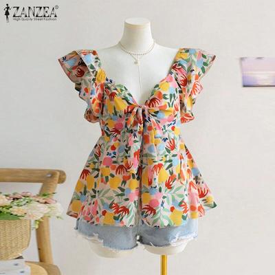 Women Holiday Casual Summer Short Sleeve Print Blouse