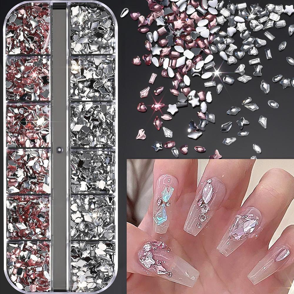 2000Pcs+ Colorful Rhinestones Nail Art Charms Multi Shape Crystal Flat Back Nail Gems 3D Mini Heart Star Butterfly Nail Diamonds