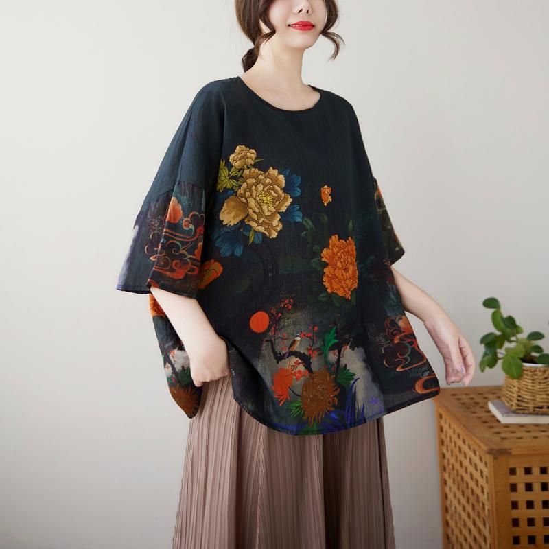 

DIMANAF 2025 Лето Плюс Размер Цветочный Плюс Размер Футболка Женская Короткий Рукав Винтаж Свободные Топы Футболки One Size чёрный