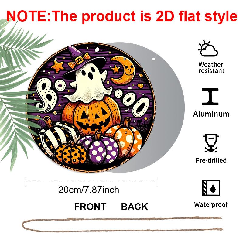 2D Flat, 1pc Round Waterproof Aluminum Halloween Boo Ghost Metal Sign, Cute Witch Hat Ghost Pumpkin Moon Plaque, Wreath Center Ornament, Front Door
