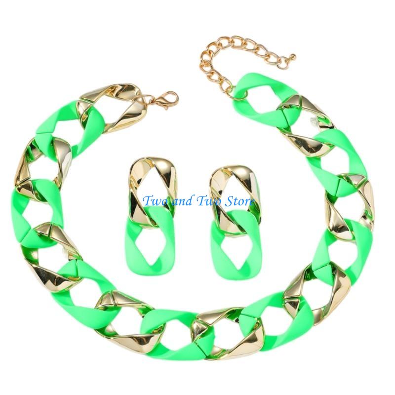 HX6F Splicing Necklace Colotful Jewelry Set Geometric Earrings and Necklace Set Resin and Alloy Texture Suitable for Women зелёный