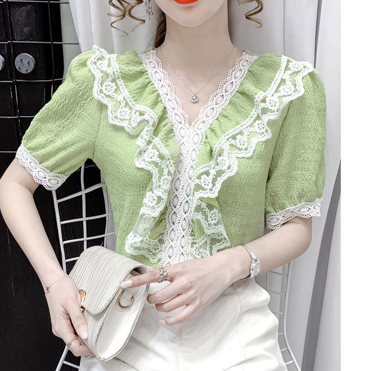 

Блузка с кружевом с V-образным вырезом, летняя модная футболка с коротким рукавом-воланом, женский трендовый молодежный топ XXXL зелёный