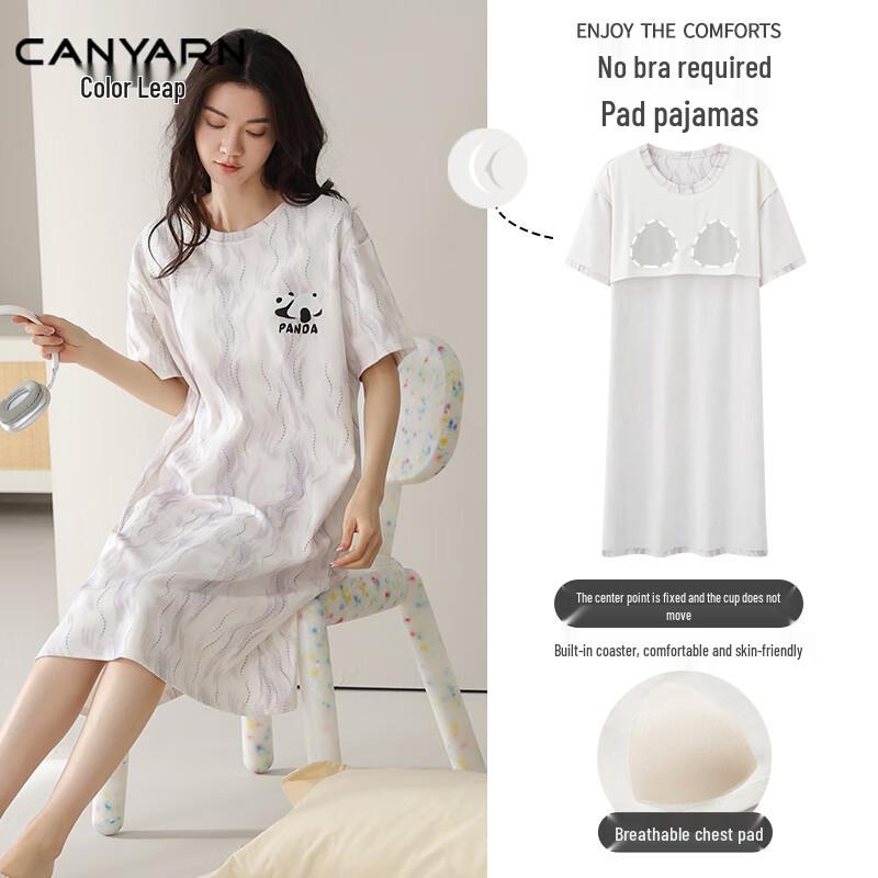 Caiyue Women s Pure Cotton Mid-length Nightdress with Chest Pad M