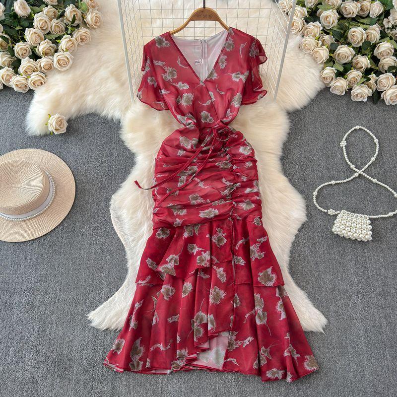

French Style Fancy Elegant V Neck Waist-Tight Floral Dress Female Scheming Pleating Slim Fit Ruffled Fishtail Dress Red L