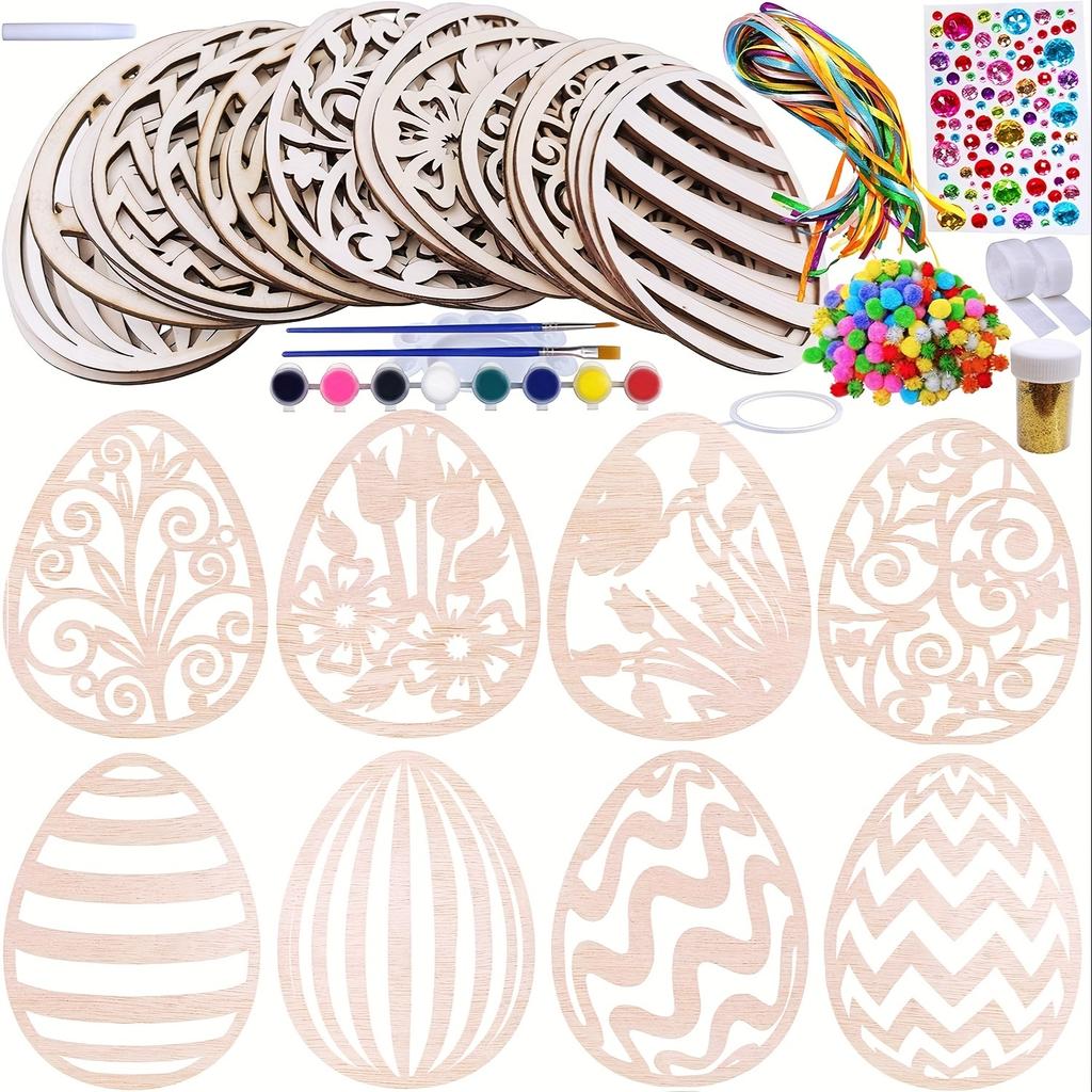 24pcs DIY Wooden Egg Craft Kit - Paint Your Own Festive Ornaments, For Teenagers & Adults, Classroom Activities & Home Decor