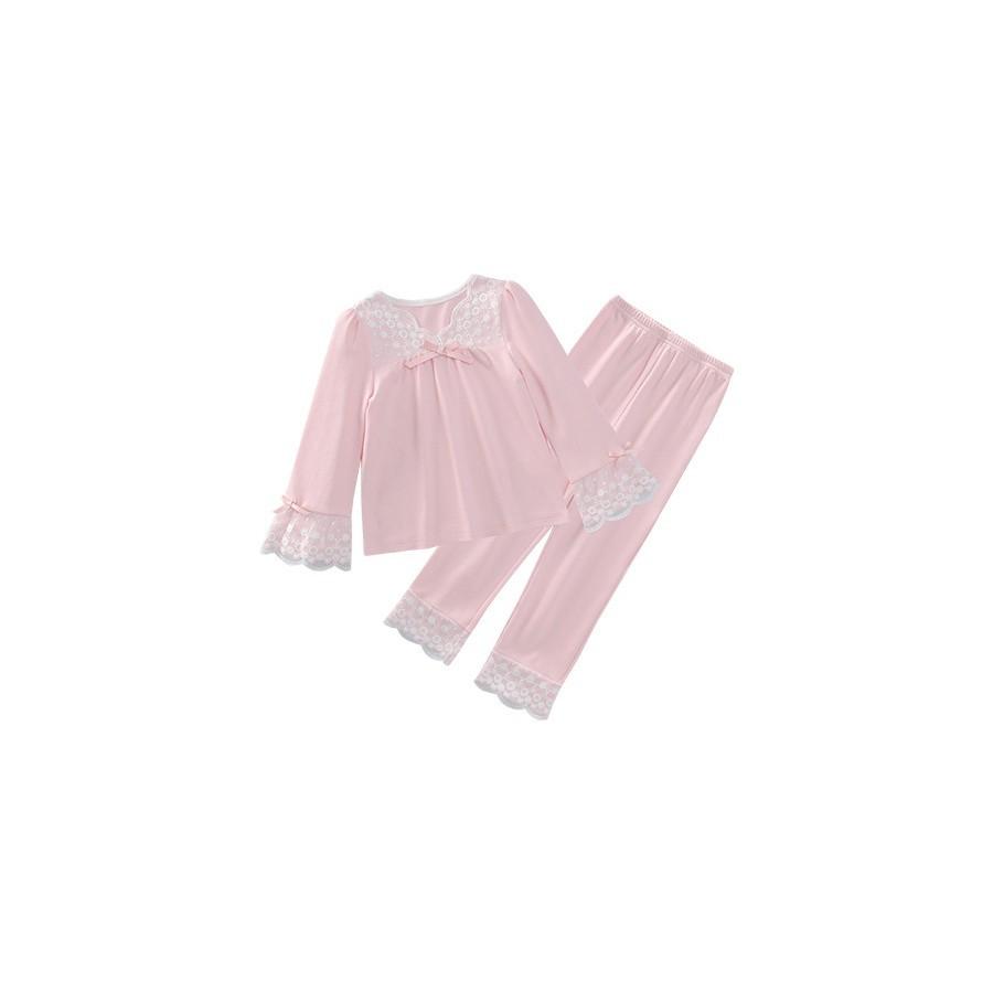 Mädchen Frühling Herbst Leichtes Langarm Pinkes Pyjama-Set mit Spitzenbesatz