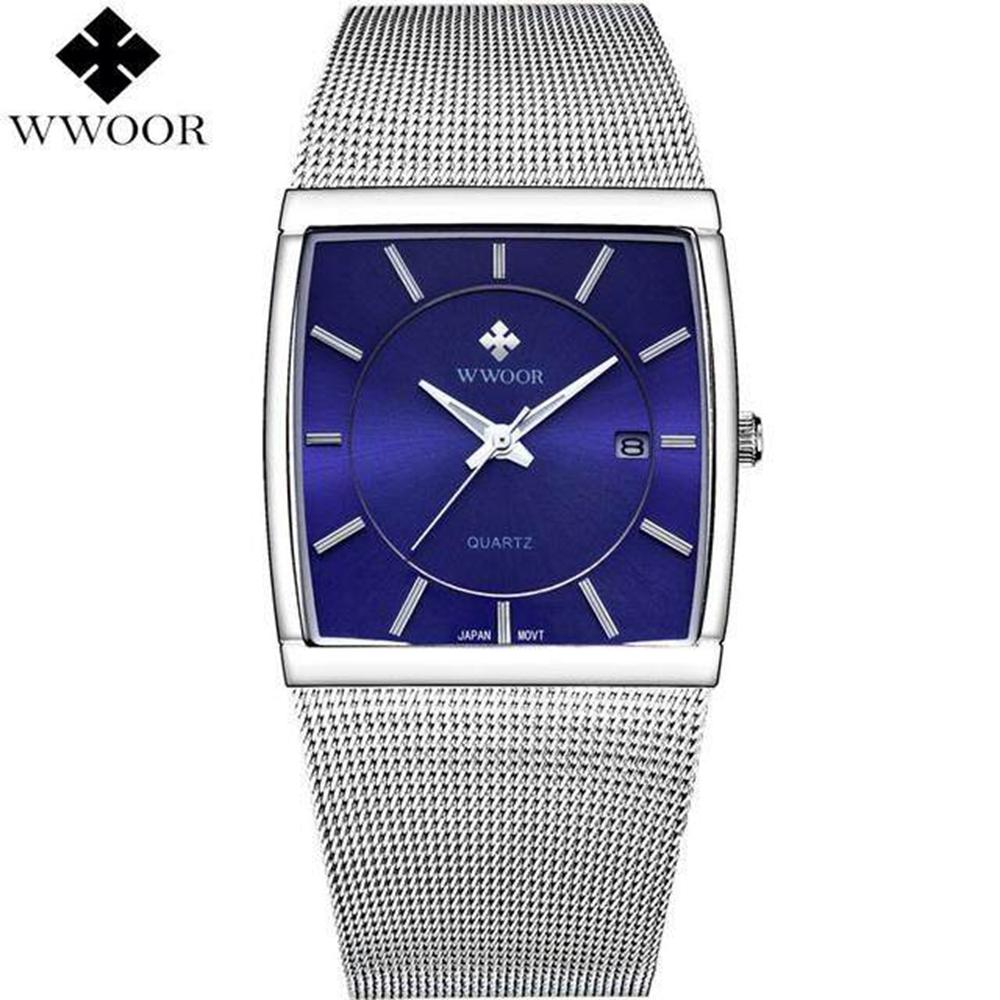 Top Brand WWOOR Quartz Watch Men Square Waterproof Business Men's Watches Luxury Black Steel Strap Sport Wrist Watch