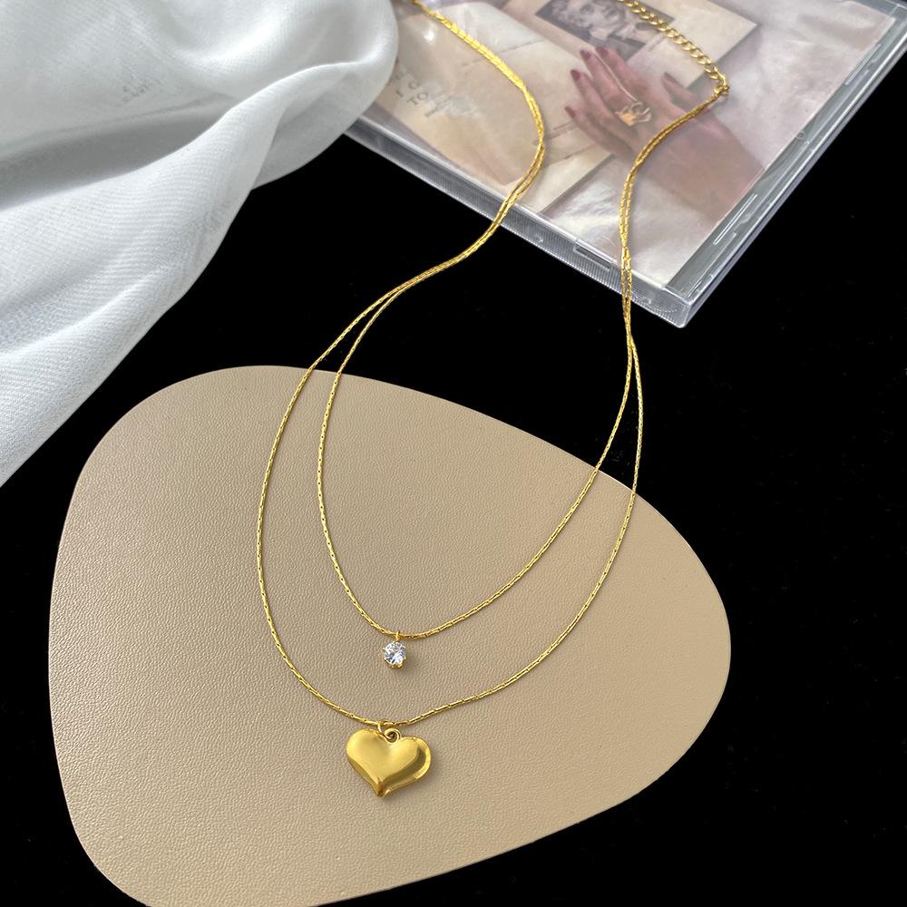 316L Stainless Steel New Fashion Upscale  2 Layer Zircon Love Heart Charms Chain Choker Necklaces & Pendants For Women