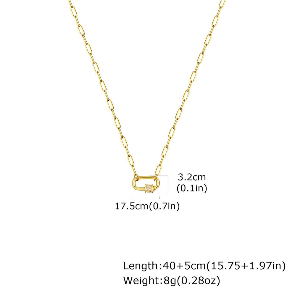 Women's Gold Clavicle Chain Necklace with Zirconia Oval Pendant and Stainless Steel Square Links