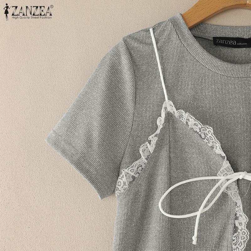 ZANZEA Women Casual Round Neck Short Sleeve Lace Splice Fake Two Piece Splice T-Shirts