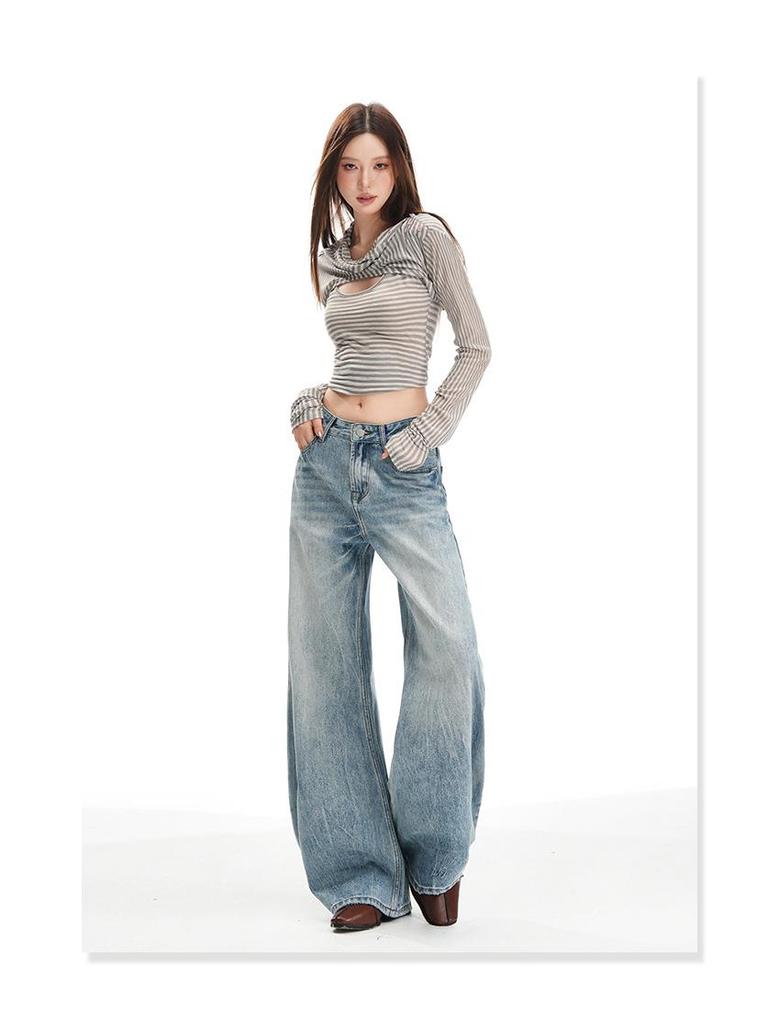 Women's Retro Washed Low Waist Wide Leg Jeans - Autumn Winter Collection