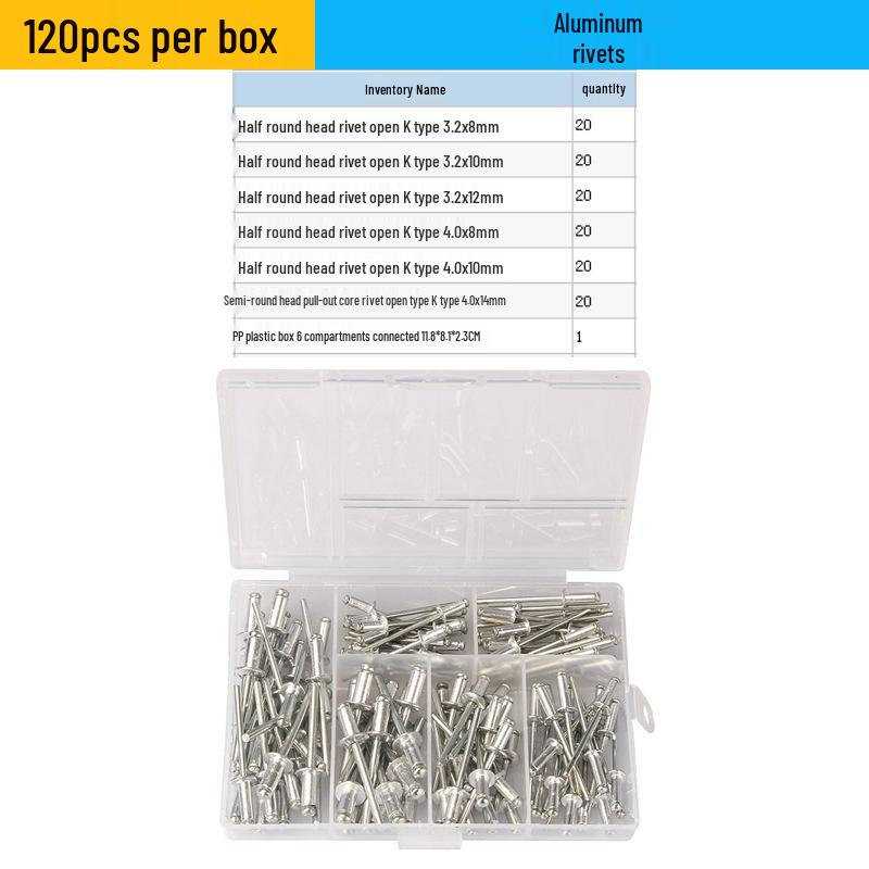 120-Piece Aluminum Pop Rivets Set, M3.2-M4, Open Type Pull-Through, Boxed for Cross-Border Trade