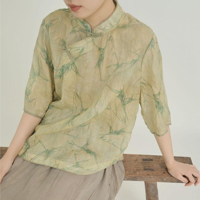 Johnature Women Vintage Stand Shirts Tops Half Sleeve Print Floral Blouses Spring Women Chinese Style Shirts