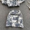 RUGOD Fashionable Temperament Suit Women's Tie-dye Printed Short Shirt High Waist A-line Skirt Western Style Two-piece Suit