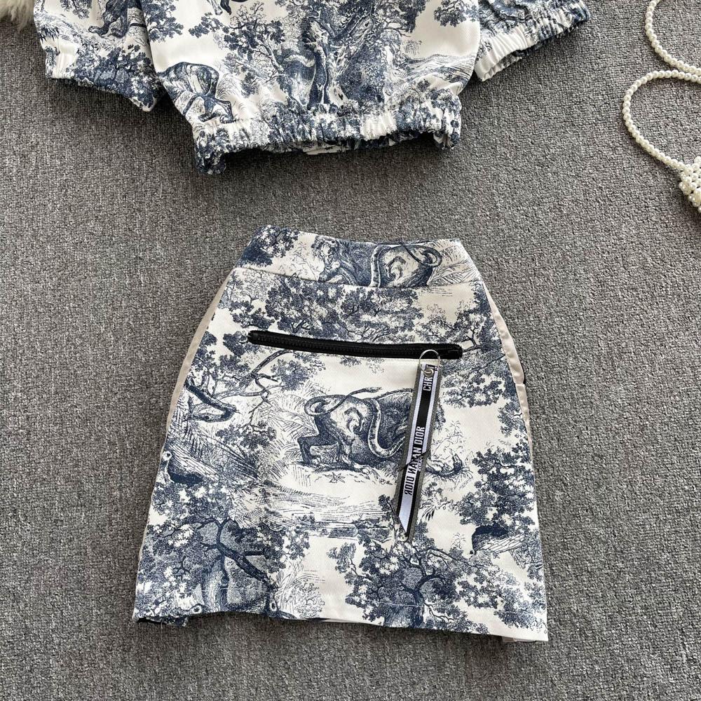 RUGOD Fashionable Temperament Suit Women's Tie-dye Printed Short Shirt High Waist A-line Skirt Western Style Two-piece Suit