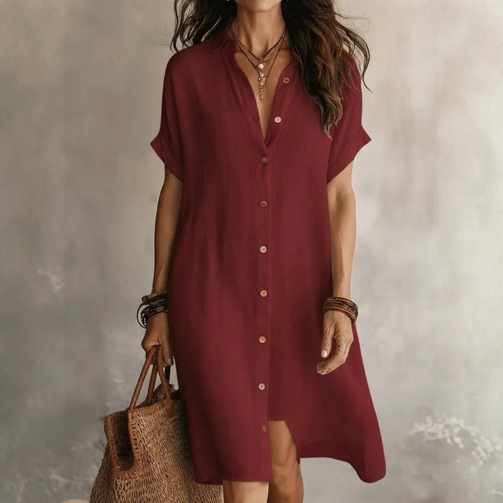 Loose Fit Button Down Shirt Dress Short Sleeve Casual Collar Design Lightweight Fabric Knee Length