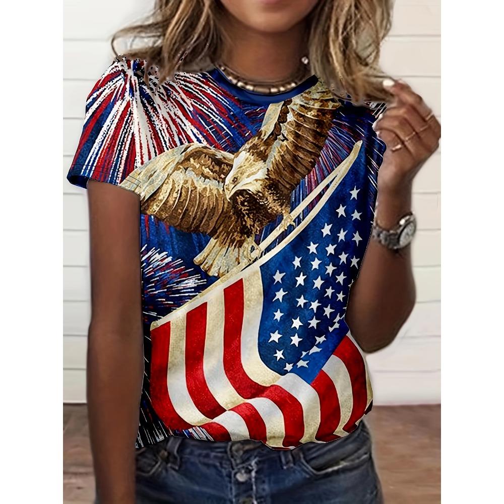 Women's American Flag & Bald Eagle Print T-Shirt Casual Short Sleeve Crew Neck Patriotic Graphic Tee for Summer