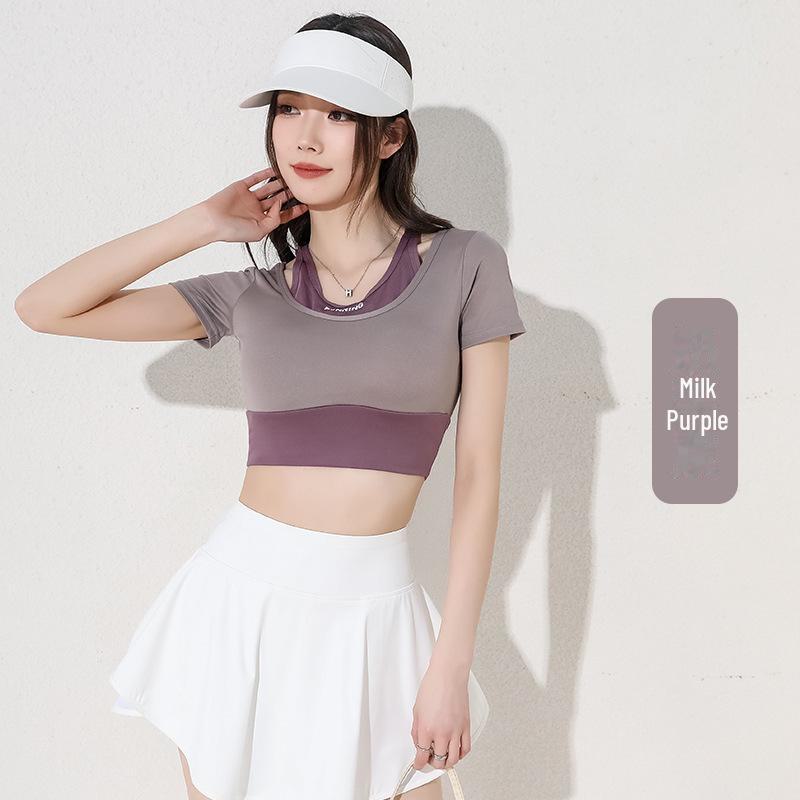 

Женские топы для йоги — новый стиль с накладками на грудь, короткие рукава, облегающий крой для спорта, фитнеса, пилатеса; Красивый дизайн спинки. Extra Large