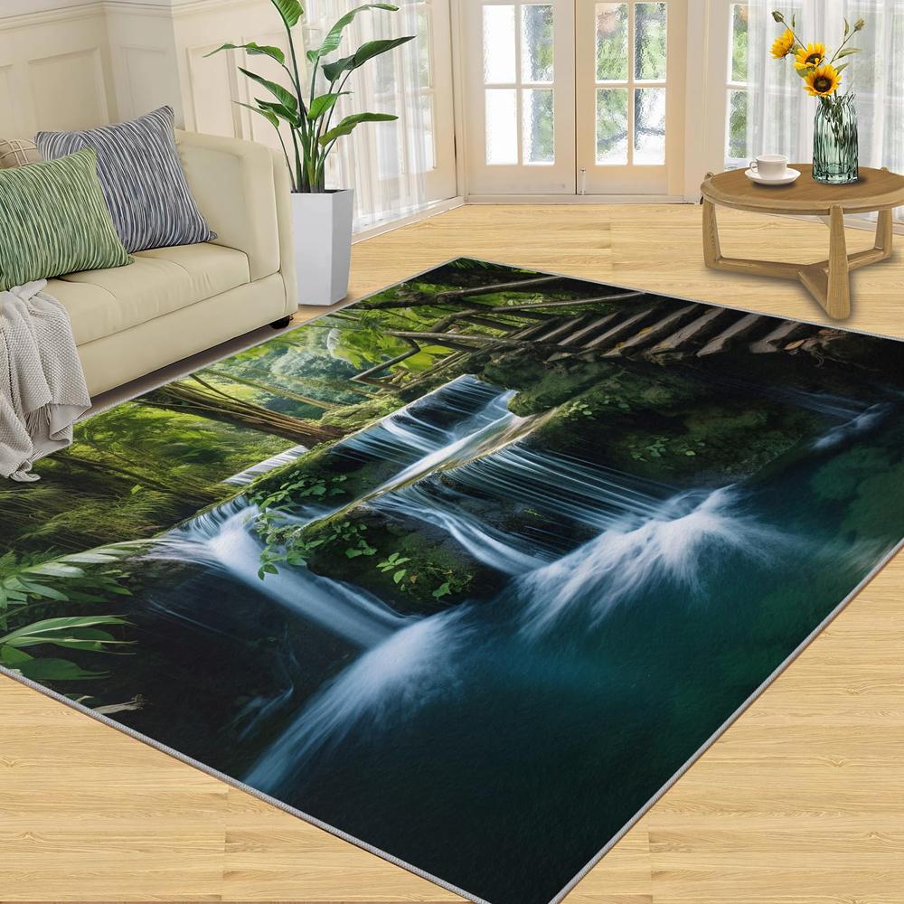 Waterfall Forest Landscape Print Area Rug Flannel Washable Floor Mat for Living Room Bedroom Entryway Nature Themed Home Decor