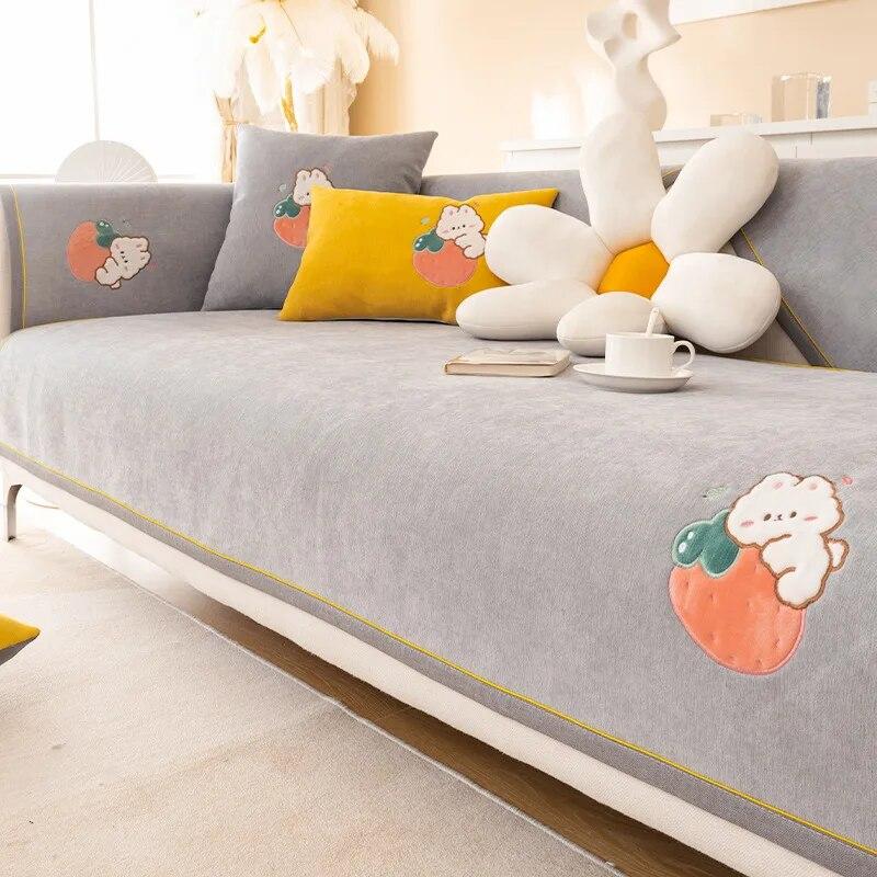 Cartoon Rabbit Sofa Cushion Non-Slip Thickening Sofa Cover Cushion Chenille Living Room Sofa Cover Universal Solid Color Mat