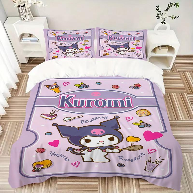 3pcs Kuromi's Sweet Adventure Printed Quilt Set Soft and Comfortable Quilt Cover for Bedroom, Guest Room Bedding Set S056