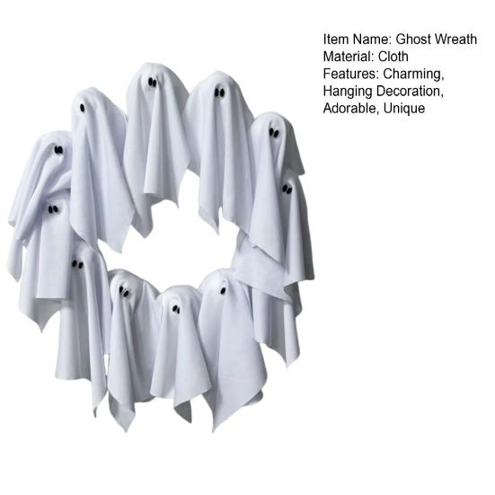 Halloweenský věnec s duchem 12 malých bílých látkových duchů girlanda na vchodové dveře zeď vnitřní venkovní závěsná dekorace