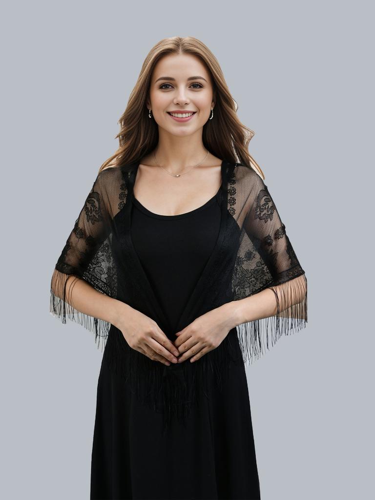 Women Embroidered Lace Tassel Scarf Shawl Triangle Fringe Solid Color Shawls Fashion Lightweight Prayer Hijab Headscarf Veils