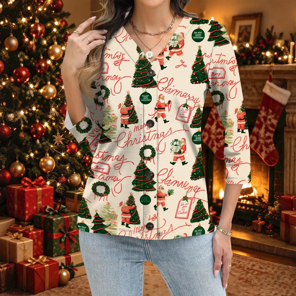 Women's Casual Christmas Print Button Down Shirt with Three-Quarter Sleeve
