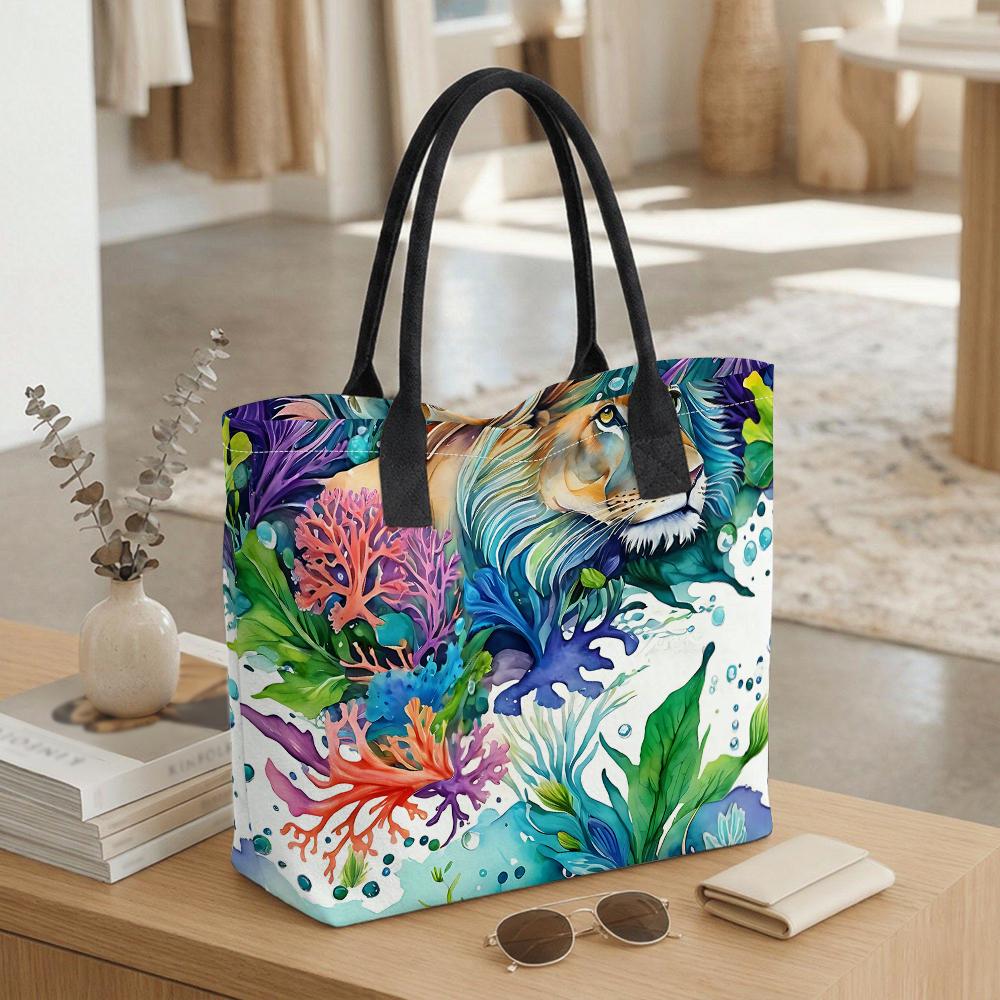 Watercolor Lion Pattern Tote Bag Fashion Large Capacity Casual Shoulder Handbag