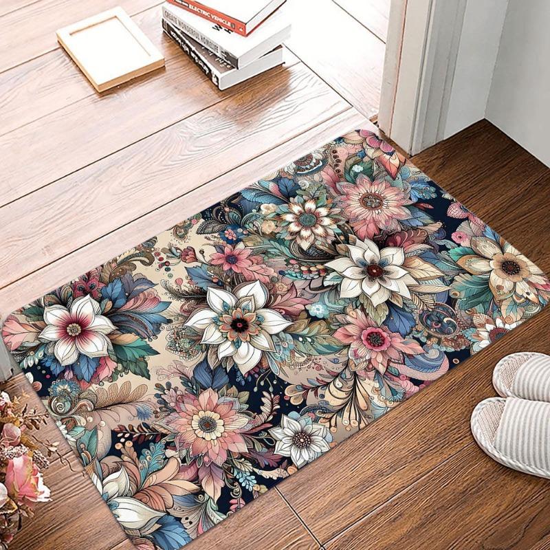 Retro Floral Printing Non-Slip Small Rug Waterproof Easy To Clean Floor Mat for Indoor Outdoor Use Durable Home Decor Fashion