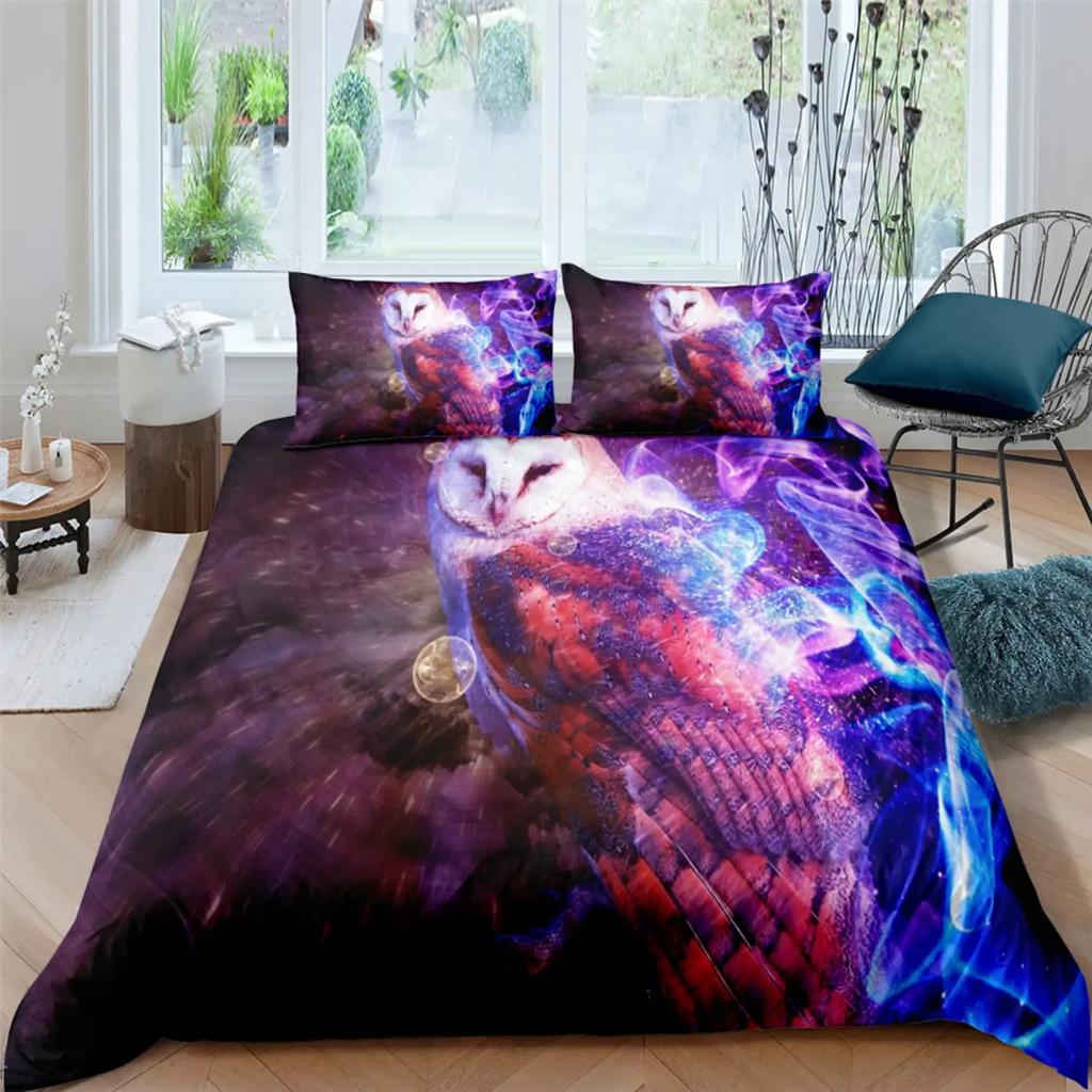 Owl King Queen Duvet Cover Adorable Funny Cartoon Animal Bedding Set for Kids Boy Colorful Wildlife 2/3pcs Polyester Quilt Cover