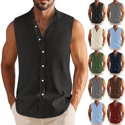 Men's Summer Hawaiian Solid Color Sleeveless Button-Down Shirt