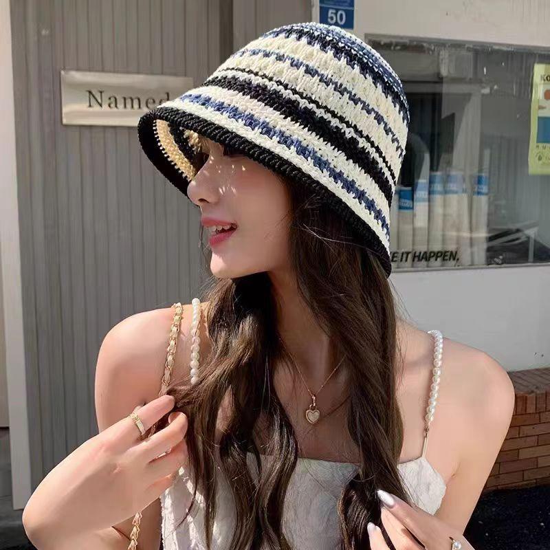 New bucket hat women's summer sunshade sunscreen straw woven basin hat versatile face small wide brim woven hat