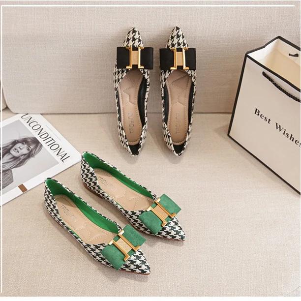 Women Flat Shoes Girl Fashion Houndstooth Pointed Toe Boat Shoes Girl Beautiful Slip-on Loafers
