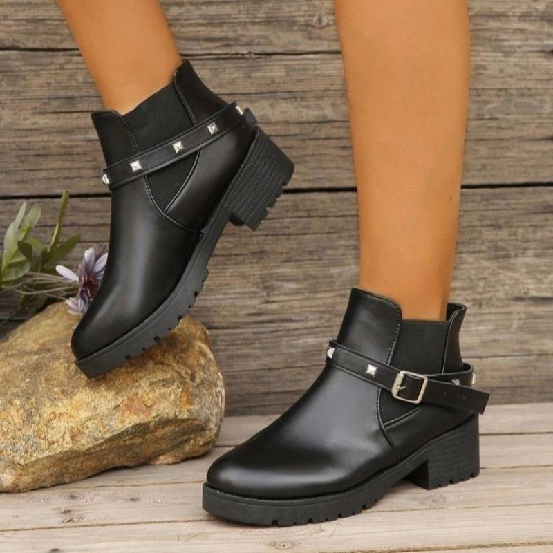 Ladies Shoes Brand Slip-on Women's Boots Fashion Belt Buckle Round Toe Office and Career New Rivet Best Seller Ankle Boots
