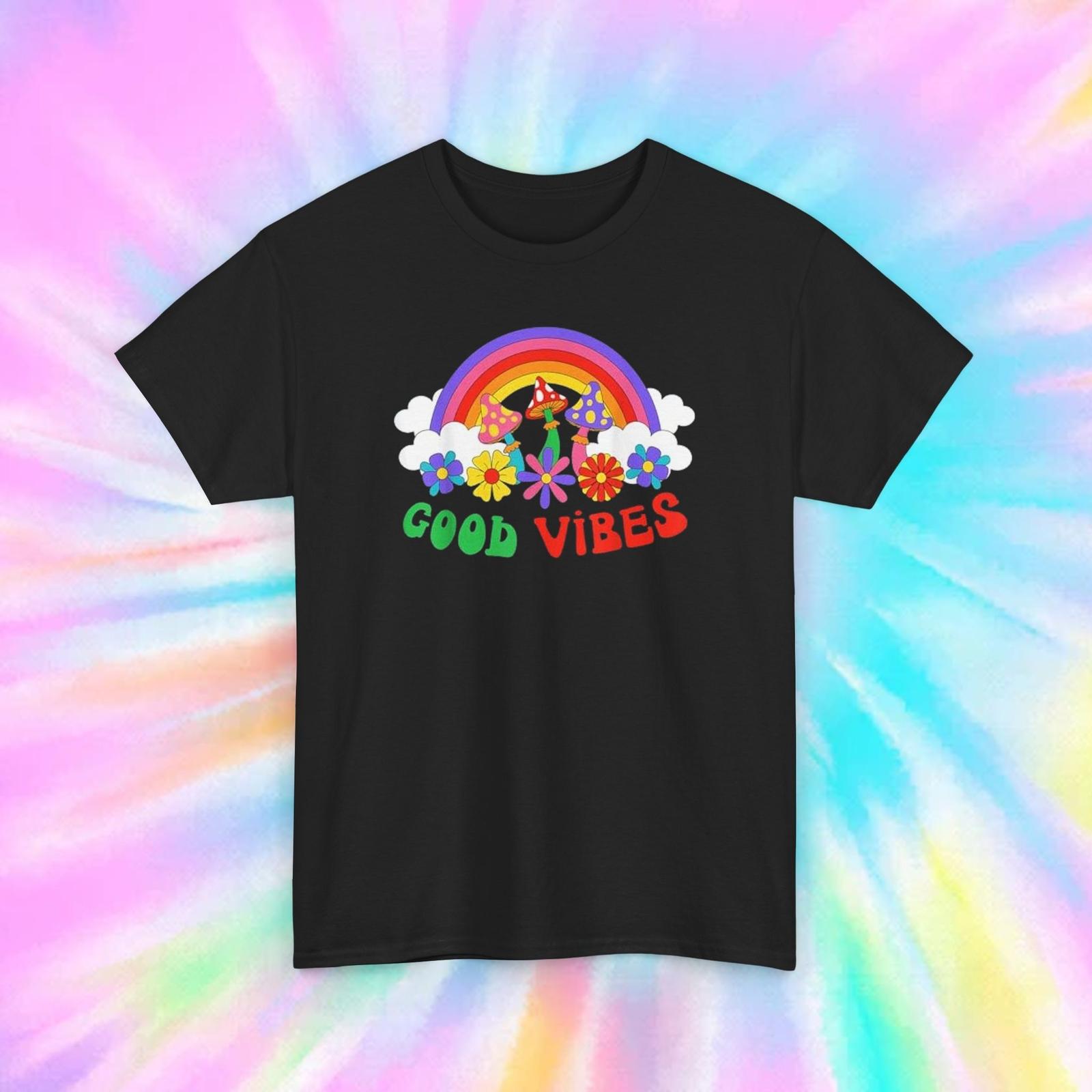 Good Vibes Shirt Rainbow Mushroom Flowers Retro Hippie Graphic Boho Tee S-5XL S