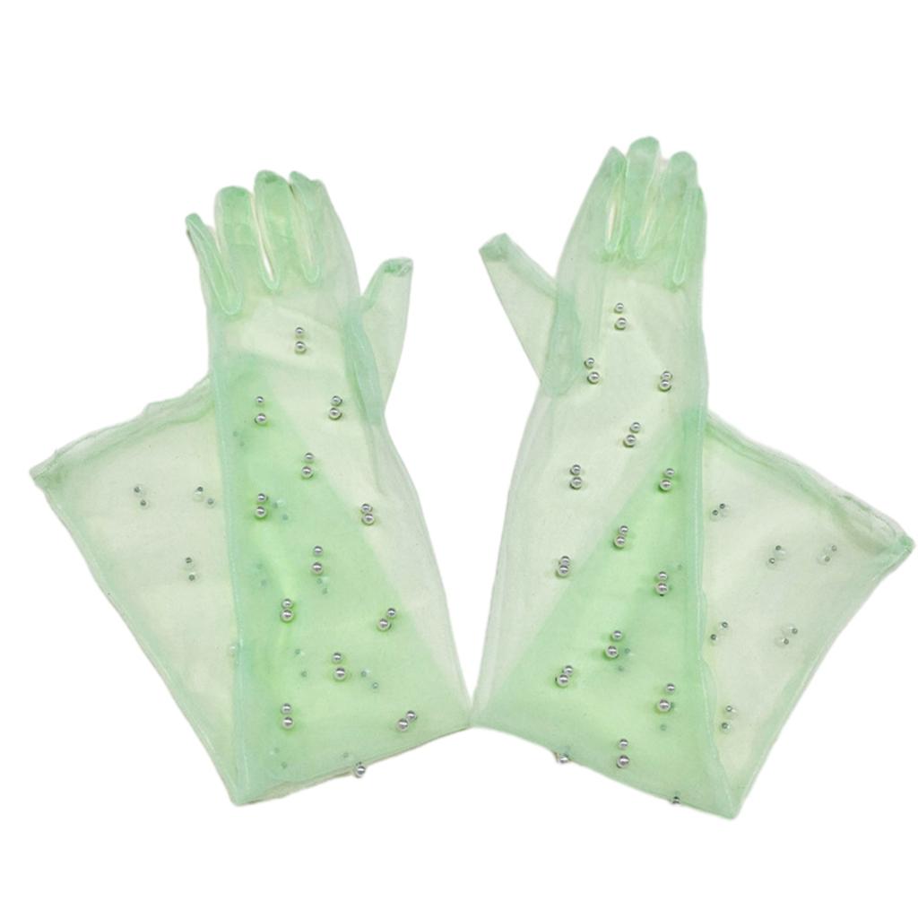 Wedding Tulle Gloves Pearls Studded Full Finger Gloves Elbow Length Gloves for Wedding Engagement Bachelorette Party