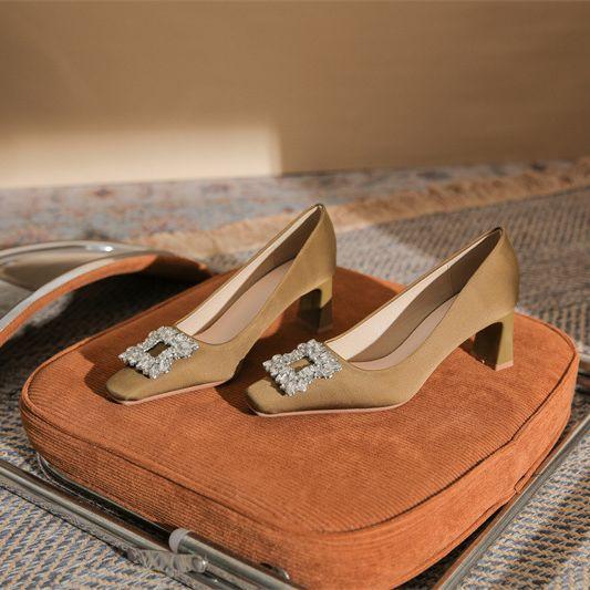 

- Classic satin rhinestone square head thick heel high heels women s fashion simple CMCM 40