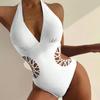 Summer Women Monokini Solid Color Hollow Out See-through Deep V Neck Lady Swimsuit Elastic High Waist Padded Bathing Suit