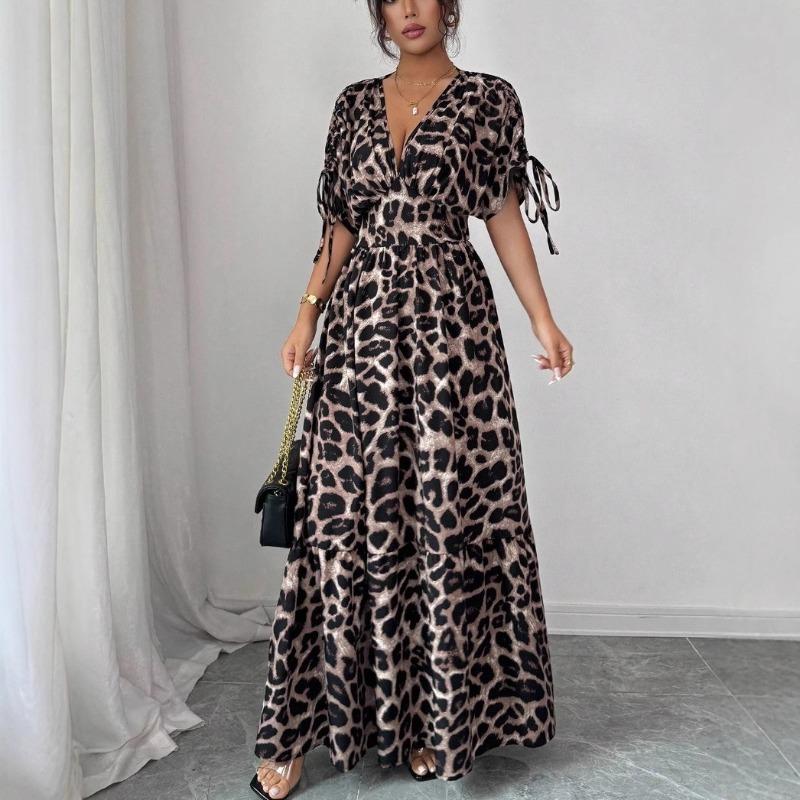 

Women s Dress New Elegant Leopard Print V-neck Sexy Women s Summer Long Dress Elastic Waist Casual Short Sleeve Vintage Party Vacation Female Dresses XXL леопард друку кольору
